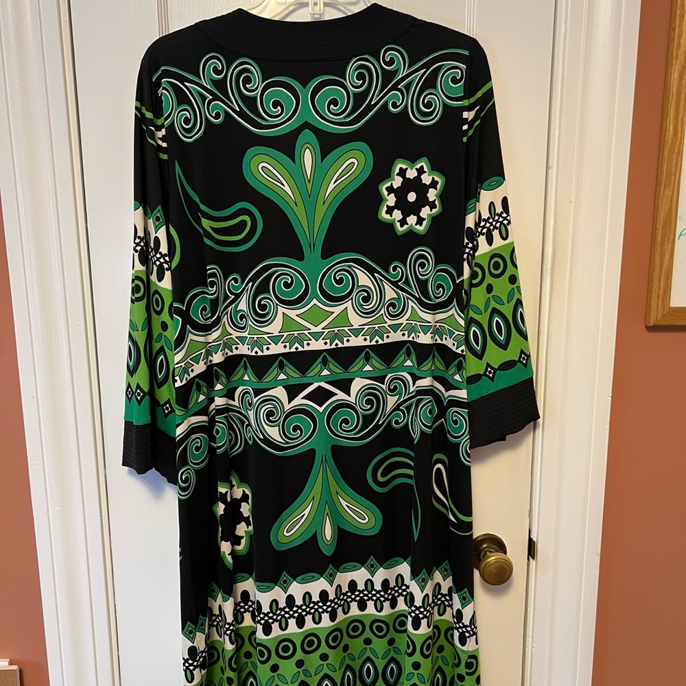 INC International Concepts Green Black Retro Dress 1X Scoop Neck 3/4 Sleeve - Picture 6 of 10